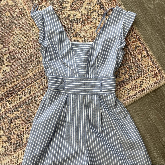 1901 Square Neck Cotton Striped Cropped Jumpsuit - Picture 2 of 7